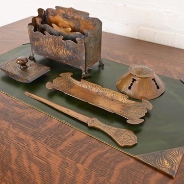 Art Crafts Shop Hammered Copper Six-Piece Desk Set, Circa 1905