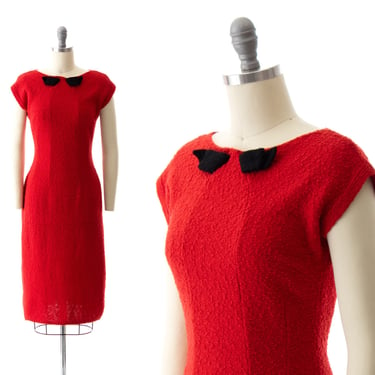 Vintage 1940s 1950s Sweater Dress | 40s 50s SNYDERKNIT Red Bouclé Knit Wool Bow Trim Wiggle Sheath Knit Dress (x-small/small) 