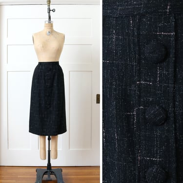 vintage 1950s flecked wool pencil skirt • charcoal gray pink & white tailored skirt with buttons 