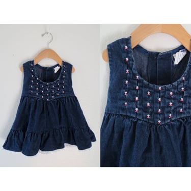 Vintage Girls Dress - Cute Toddler Girl Sundress - Blue Denim with Eyelet Lace Trim - Size 3T 