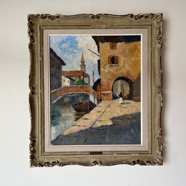 Lajos Szakats (Hungarian 1852-1922) Chioggia - Venetian Village Oil on Canvas Painting 