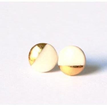 Mier Luo Porcelain Jewelry - Gold Dipped Flat Circle Studs - White