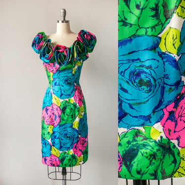 1960s Dress Silk Rose Floral Cocktail S 