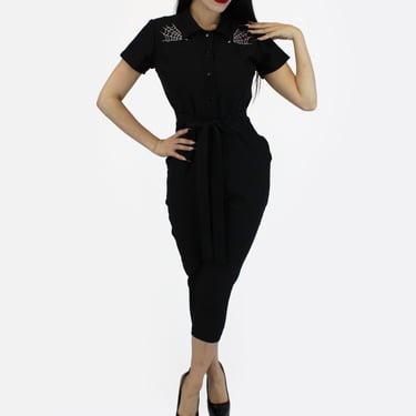 Stretchy Capri Pin Up Spiderwebs and Spider Jumpsuit, Halloween Betty Goth One Piece Black Play Suit XS-3XL 