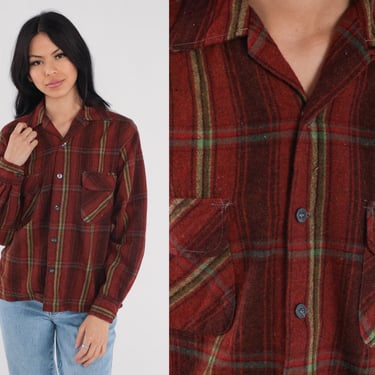 90s Flannel Shirt Red Brown Plaid Button Up Shirt Wool Blend Field Shirt Grunge Lumberjack Long Sleeve Warm Overshirt Vintage 1990s Medium M 