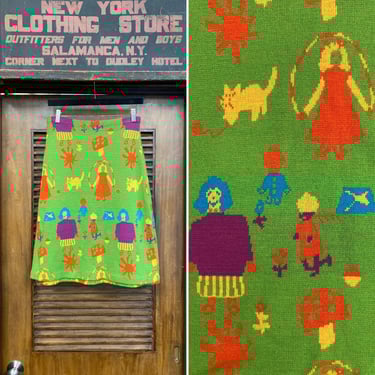 Vintage 1960’s Cartoon Pop Art Mod Chartreuse Green Playground Design Skirt, 1960’s Skirt, Knit Skirt, Mod, Pop Art, Mushroom, Cartoon Print 