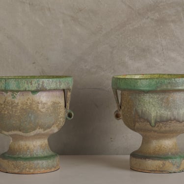 PAIR OF CHRIS BROCK EAST SIDE GREEN CERAMIC TABLE TORCHIERES, 30'S STYLE