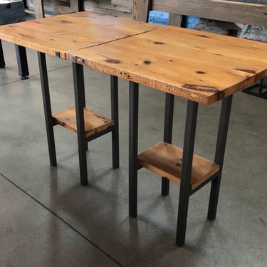 Solid Wood Bar Height or Counter Height Table with shelf, Pub Table - reclaimed wood and steel legs. Choose color, size, thickness, finish 