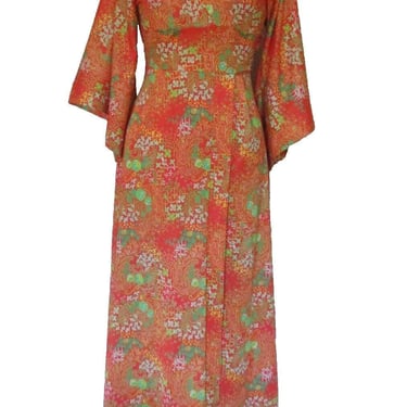 Vintage Kimono Robe, Loungewear By Gossard, Maxi Dress, P/XS Women, Orange Print 