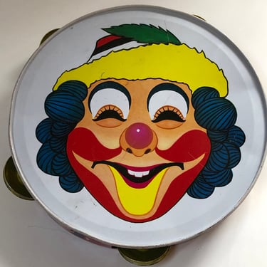 Vintage Toy Tambourine clown face tin tambourine vintage musical instruments kids toy percussion 
