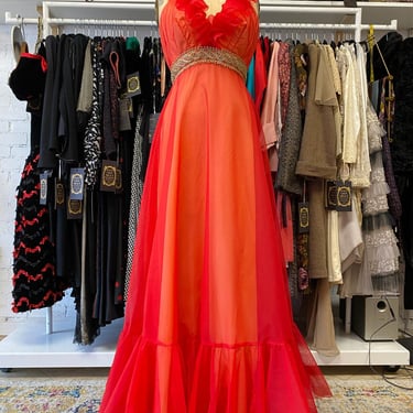 vintage 1970s mike benet red chiffon formal gown, xs, ruffled halter, valentines 