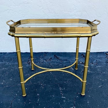 Italian Faux Bamboo Brass End Table with Glass Top Serving Tray FREE SHIPPING Vintage Hollywood Regency Furniture 