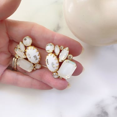 vintage bridal milk glass with rhinestones cluster clip earrings, gold tone setting wedding jewelry 