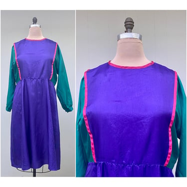 Vintage 1990s Volup Color Block Dress, 90s Purple New Wave Frock with Green Batwing Sleeves Bias Cut Skirt, 44" Bust Size 16W  1X 