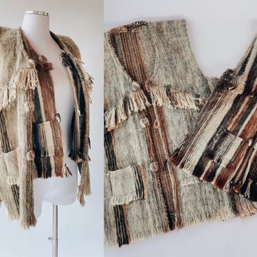 Vintage 60s-70s Set of 2 His & Hers Hand Loomed Hippie Vests | Cave Man, Fringe, Alpaca, Gypsy, Primitive, Couples Costume 