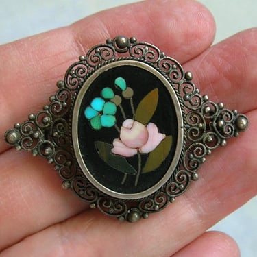 Antique Victorian Silver Pietra Dura Brooch pin, Antique Inlaid Mosaic Brooch Pin, Old Mosaic Pin (#4478) 