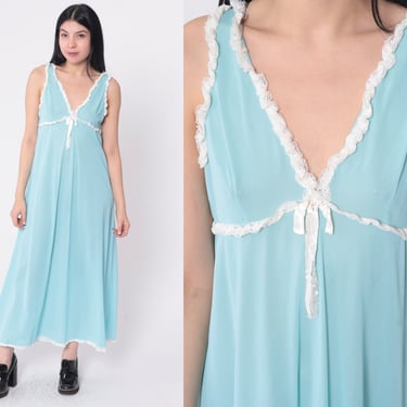 Baby Blue Nightgown 70s Lace Trimmed Slip Dress Maxi Semi-Sheer Nylon Nightgown Lingerie Vintage Pastel Empire Waist V Neck Bohemian Medium 