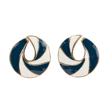 Nina Ricci 1980s Vintage Navy & Cream Enamel Swirl Clip-On Earrings 