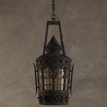 IRON HANGING LANTERN WITH STAINED GLASS, 19TH CENTURY