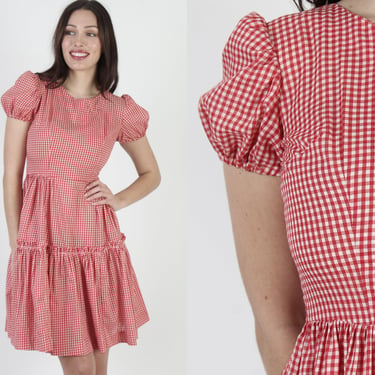 Casual 70s Red And White Checker Print Gingham Mini Picnic Dress 