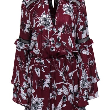 Parker - Maroon & White Floral Keyhole Front Dress w/ Tiered Sleeves Sz L