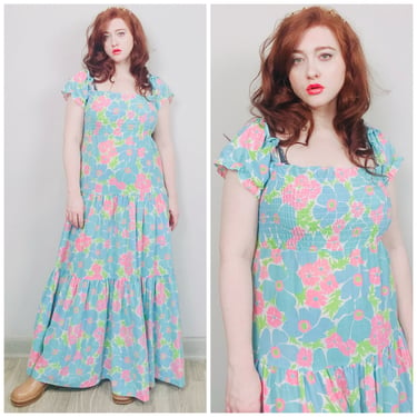 1970s Vintage Gerry California Sky Blue Floral Maxi Dress / 70s / Seventies Smocked Bodice Tiered Cotton Blend Dress / Size Medium - Large 