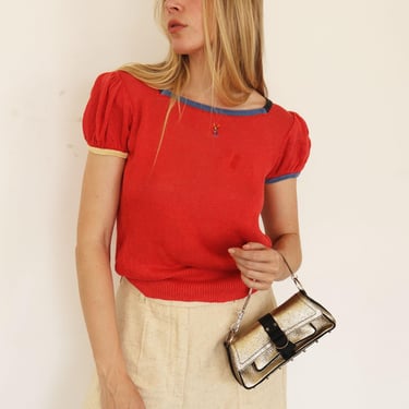 Vintage Yves Saint Laurent Tricots 90s Coral Puff Sleeve Embroidered Logo Top with Rainbow Knit Trim Woven sz XS S M 1990s Red Blue Yellow 