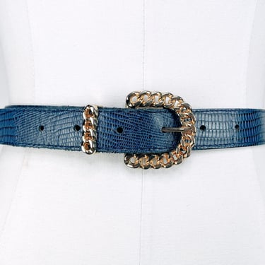Vintage 90s Dark Blue Textured Faux Snake Belt w Gold Chain Buckle by Elite Fresno, CA Size Small | 1980's, Retro, Fancy, Classy, Casual 