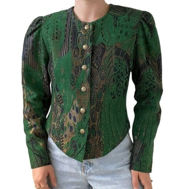 Vintage Eger Green Corduroy Floral Tapestry Puff Sleeve Blazer Made in Germany 