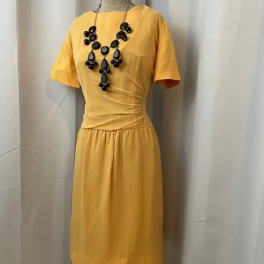1950s Leslie Fay Cocktail Dress Mustard Yellow Gold Chiffon S M 