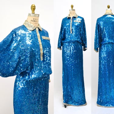 80s Vintage Blue Sequin Gown Dress Long Sleeve Blue Silk Sequin Gown By Riazee Naeem Khan 80s Sequin Dress Size Small Medium 80s Glam Gown 