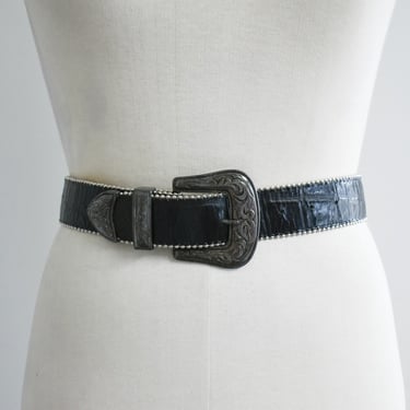 1980s/90s Black Leather Belt with Large Silver Buckle 
