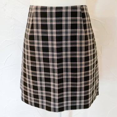 90s Black White Gray Orange Blue Plaid Mini Skirt | Medium 30
