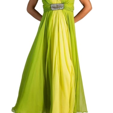 1960S Grass Green Silk Chiffon Gown With Beaded Belt 