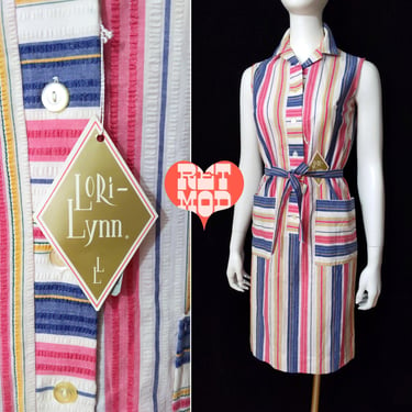 Deadstock Vintage 60s Blue White Reddish Stripe Seersucker Sleeveless Dress with Pockets by Lori Lynn 