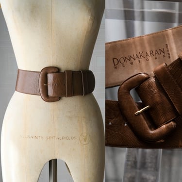 Vintage 1987 Donna Karan Documented Runway Brown Reptile Embossed Wide Leather Waist Belt | Made in Italy | 100% Leather | 1980s Designer 