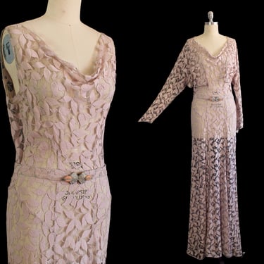 1930s Gown / 30s PALE LAVENDER Leafy Lace Wedding Dress and Jacket Set 