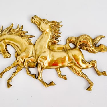 Vintage 1980s Modern Gold Solid Brass Wild Running Horses Wall Art Hanging Sculpture 