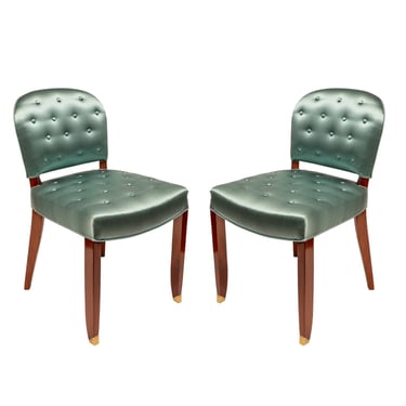 Jules Leleu Pair of Art Deco Side Chairs in Green Sateen 1950s (Each Numbered)