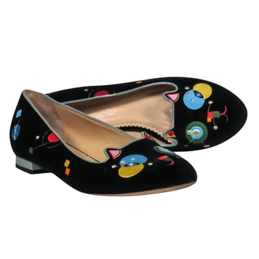 Charlotte Olympia - Black & Multicolor Geometric Embroidered Velvet Cat Loafers Sz 9