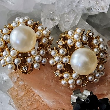 Vintage Marvella Clip on Earrings~Faux Pearls & Rhinestone Earrings 