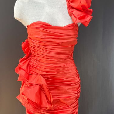 Vintage 1980s 1990s Asymmetrical Ruffle Pleated Gathered Body Con Dress Festive Occasion Orange Date Night Party 