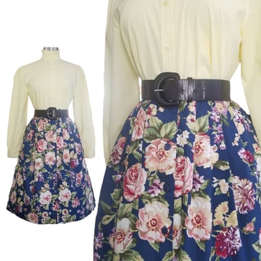 Vintage Dark Floral Skirt, Medium / Pleated Button Skirt with Pockets / 1980s Navy Blue Flowery Cottagecore Skirt / All Cotton Market Skirt 