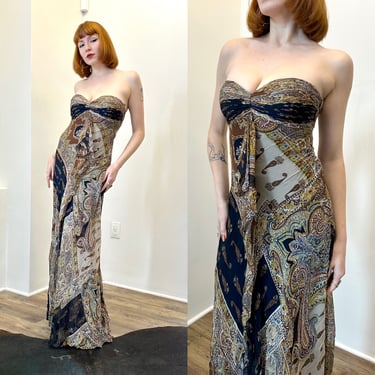 Vintage 2000s Dress / Y2K Diane Freis Paisley Silk Gown / Brown ( XS S ) 