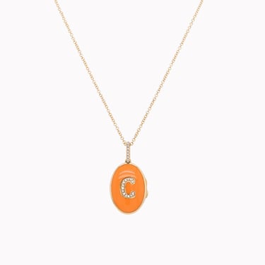 Letter &quot;C&quot; Orange Enamel Initial Locket Pendant Necklace