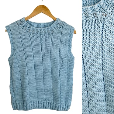 1980s powder blue sweater vest - hand knit - Size M 