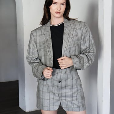 Vintage VERSACE Y2K Reworked Suit Set in Gray Check Skirt Cropped Blazer 2000s Minimalist S M Plaid 