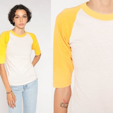 80s Raglan Tee White Yellow Ringer Shirt Retro Baseball Tshirt Plain Sportswear Basic Streetwear Sporty T-Shirt Vintage 1980s Extra Small xs 