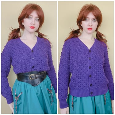 1970s Vintage Raje Acrylic Purple Cardigan / 70s Pointelle Popcorn Knit Sweater / Size Large - XL 