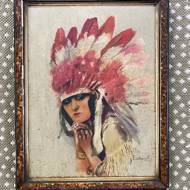 Vintage Native American Woman With Headress, Plains Tribe, Southwestern, Female Portrait By Rita Schumucker, Hand Painted on Linen 